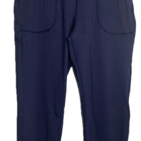 Women's High Waisted Wide Waistband Joggers. Navy. Stretchy. - Picture 4 of 10